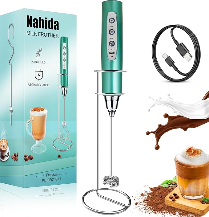 Nahida Milk Frother Wand for Coffee Frother Handheld with Stand Electric Whisk with 3 Heads 3 Speeds Drink Mixer Coffee Frother Foam Maker For Latte, Cappuccino, Hot Chocolate, Egg - Green