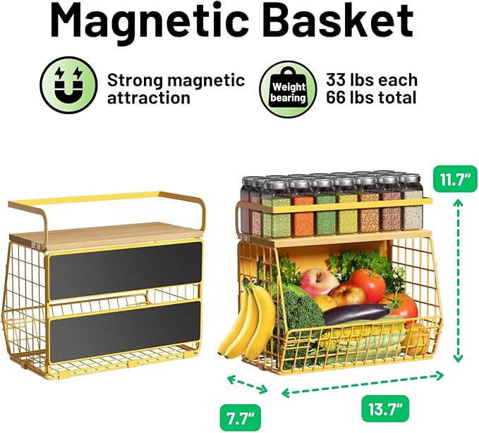 Magnetic Shelf for Fridge with Wood Lid, Fruit Potato and Onion Storage Bins, Pantry Organizers & Storage, Large Container Magnetic Spice Rack for Refrigerator, Kitchen Counter, Cabinet (Yellow, 2)