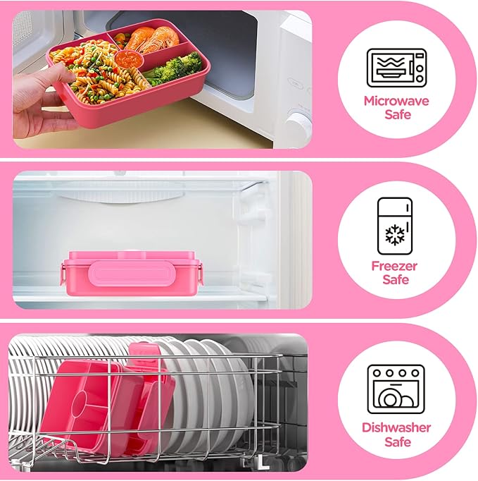 Jelife Kids Lunch Bento Box, Large Bento-Style Leakproof Boxes 4 Compartments Girls Snack Containers with Tableware for Back to School, Reusable On-the-Go Meal and Packing, Pink