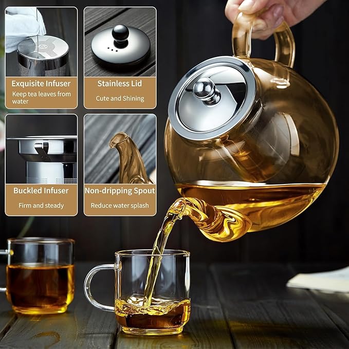 40OZ (1200ML) Glass Teapot with Infuser Stovetop Safe, Clear Glass Tea Pot Kettle, Borosilicate Tea Pot with Infusers Filter for Loose Tea, Tea Kettle Dishwasher Safe (Champagne)