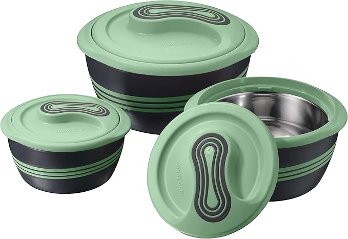 Pinnacle Insulated Casserole Dish with Lid 3 pc Set 2.6/2/1 qt. Hot Pot Food Warmer/Cooler –Thermal Soup/Salad Serving Bowl- Stainless Steel Hot Food Container–Best Gift Set for Moms –Holidays Green