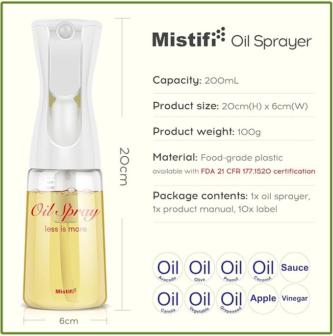 Mistifi Oliver Oil Sprayer for cooking, Spray bottle 6oz, Non-Aerosol Refillable Dispenser Oil Mister (set of 2)