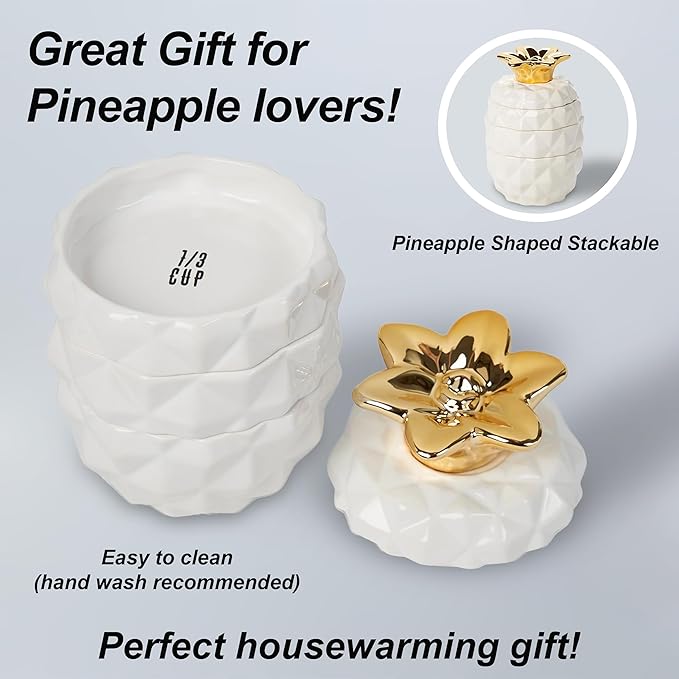 Set of 4 Decorative Pineapple Shaped Stackable Ceramic Kitchen Measuring Cups in 4 Assorted Sizes
