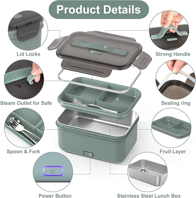 Electric Lunch Box Food Heater 100W, 4 in 1 Ultra Quick Heated Lunch Boxes for Adults 12V/24V/110V/220V Portable Food Warmer for Car/Truck/Office With Fork Spoon and Insulated Carry Bag