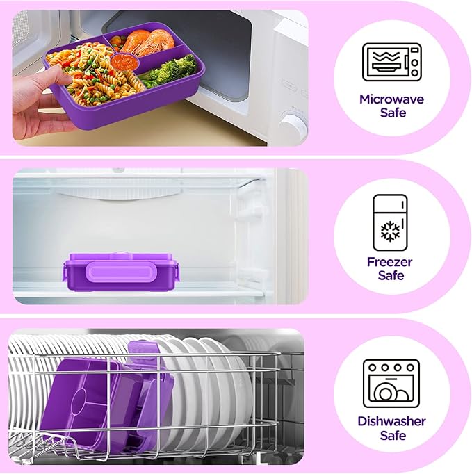 Jelife Lunch Box Kids Bento Box - Large Bento-Style Leakproof 4 Compartments Kids Lunchbox Food Containers with Utensils for Back to School, Reusable On-the-Go Meal and Snack Packing, Purple