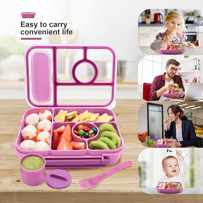 Bento Box Adult Lunch Box Kids,Lunch Containers for Adults/Kids/Toddler,5 Compartments Bento Lunch Box with Sauce Vontainers,Microwave & Dishwasher & Freezer Safe,BPA-Free (Purple)