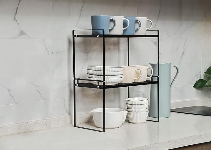 2Pack Cabinet Shelf Organizer Storage Rack Space Saving for Kitchen Counter Pantry Bathroom Cupboard Under Sink Office Table Steel Stackable Rust Resistant Heavy Duty Nonslip 16” Black - Tall