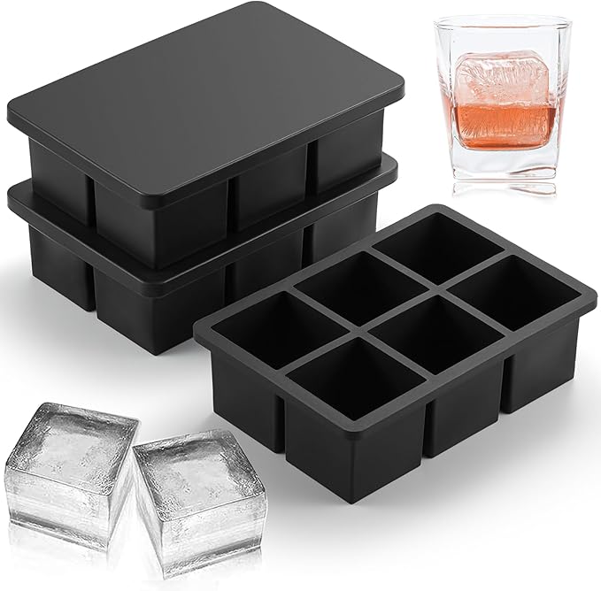 Nax Caki Ice Cube Trays 3 Pack - Large Size Silicone Ice Cube Molds(Black) for Whiskey Ice Cube Maker for Cocktail Old Fashioned Ice Cube Tray