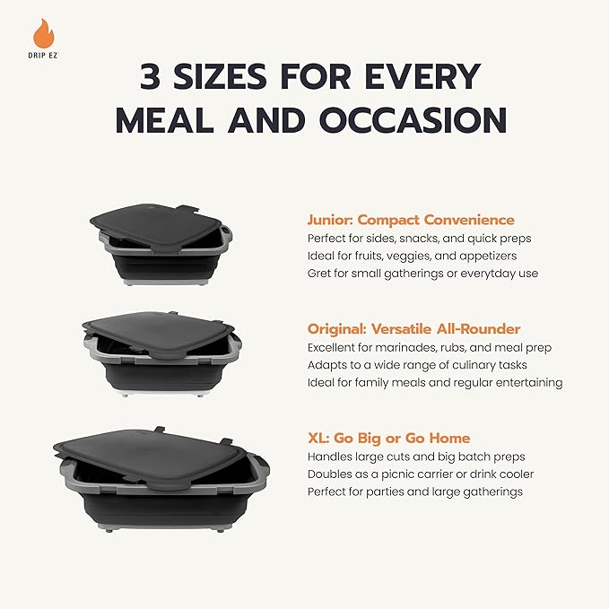 Drip EZ Collapsible BBQ Prep Tubs 3-Piece Set - For Meal Prep Marinating Food Storage - Includes Cutting Board & Lid - (1) JR + (1) OG + (1) XL - Green