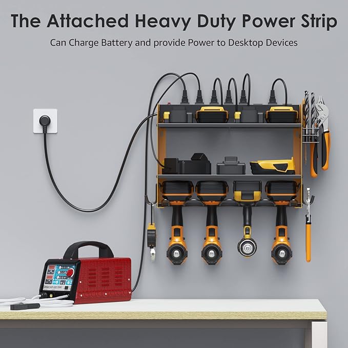 CCCEI Modular Power Tool Organizer Wall Mount with Charging Station. Garage Drill Storage Shelf with Hooks, Heavy Duty Rack, Tool Battery Holder Built in 8 Outlet. Gift for Men. Yellow, 1 Pack.