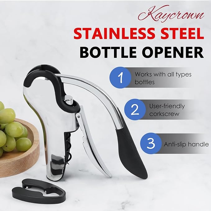KAYCROWN Stainless Steel Wine Bottle Opener, Vertical Lever Corkscrew with Built-in Foil Cutter Design, Manual Handheld Corkscrew with Ergonomic Lever Pump