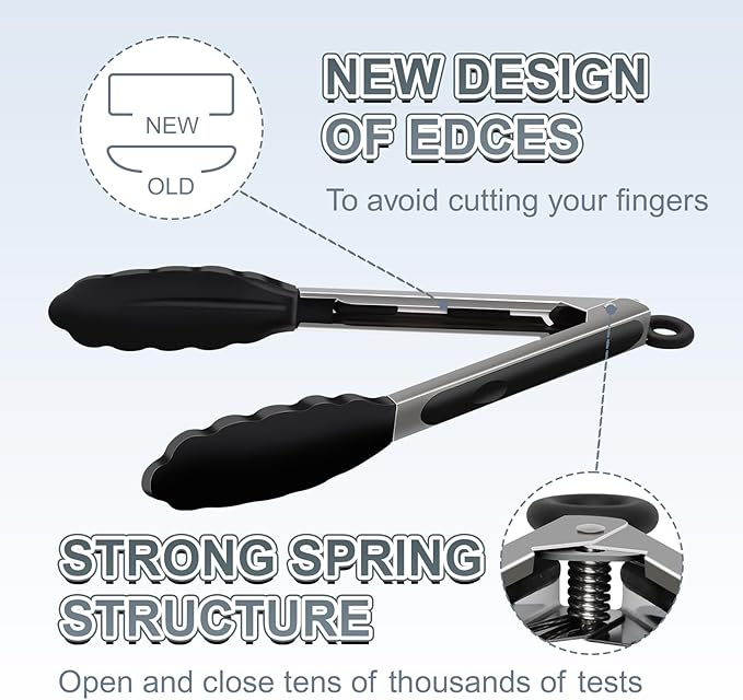 2 Pack Black Premium Stainless Steel Heat Resistant Kitchen Tongs for cooking,set of 9" and 12",Non Scratch Silicone cooking Tong Tip for Cooking Pans,Strong Grip BBQ tongs for Grabbing Hot Food