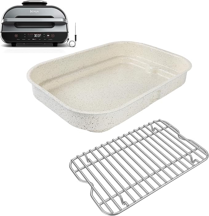 Non-Stick Griddle Pan and Roasting Rack for Ninja FG551/DG551 Smart XL 6-in-1 Indoor Grill, Upgraded Ceramic Flat Top Griddle & Stainless Steel Grill Steamer Rack for Ninja Air Fryer Accessories,White