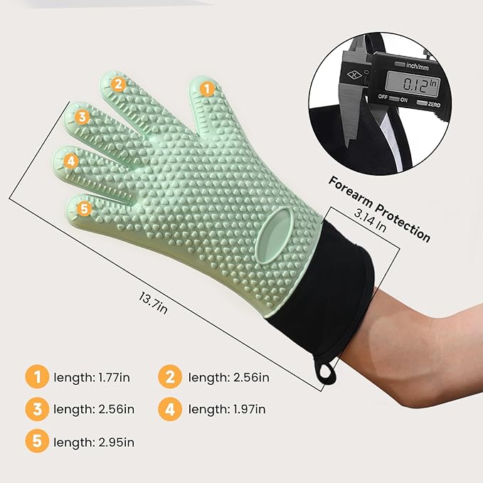 GEEKHOM BBQ Gloves Heat Resistant Oven Mitts - Silicone Grilling Gloves with 13.7" Arm Protection - Waterproof Pot Holder Non-Slip for Men & Women, Kitchen Outdoor Cooking, Baking, Camping, Mint Green