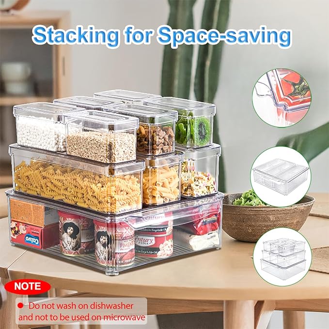 10-Pack Clear Fridge Organizer Containers with Lids, Stackable BPA-Free Refrigerator & Produce Storage Containers with Drain Tray & Anti-Slip Base for Fruits, Veggies & Drinks