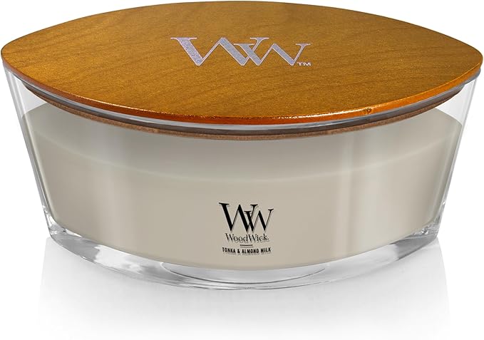 WoodWick Tonka & Almond Milk Gifts for Women and Men, 16 oz Ellipse Candle with Crackling Wick