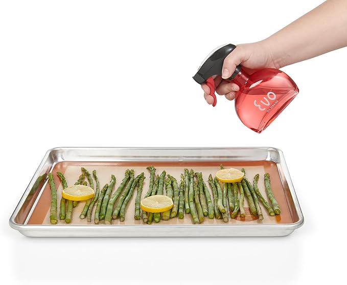 Evo Glass Oil Sprayer Bottle | Non-Aerosol for Olive Oil, Cooking Oils, Vinegars | 6-Oz Capacity | Rotatable Nozzle | Gourmet Cooking Tools - Food-Safe Materials | Red