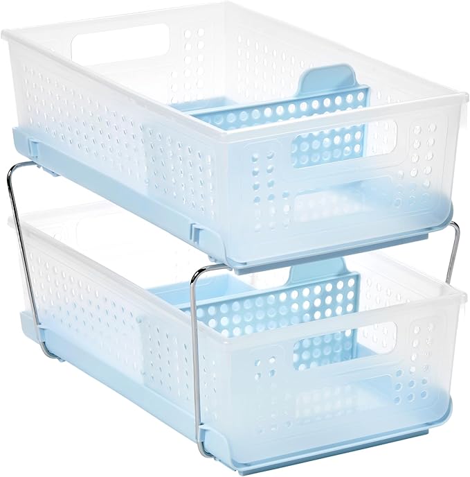 madesmart 2-Tier Organizer, Multi-Purpose Slide-Out Storage with Handles and Dividers for Home and Bath, Easy Assembly, BPA Free, Blue