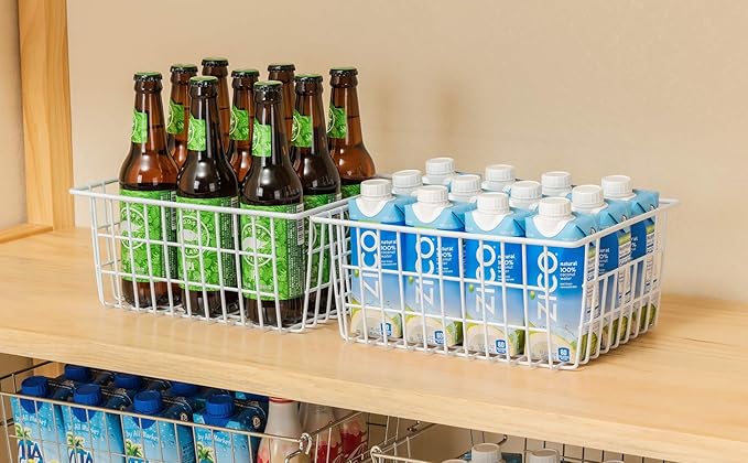 iPEGTOP Wire Storage Freezer Baskets, Set of 4 Large 15.4" Farmhouse Organizer Storage Bins Fridge Basket Rack with Handles for Kitchen Cabinets, Pantry, Office, Bathroom Organization - White