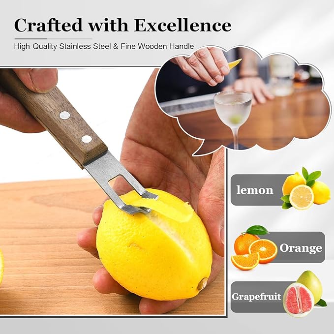 Lemon Zester and Channel Knife - Wooden Handle, Bar Accessories for Bartenders, Versatile Tool and Peeler for Cocktails