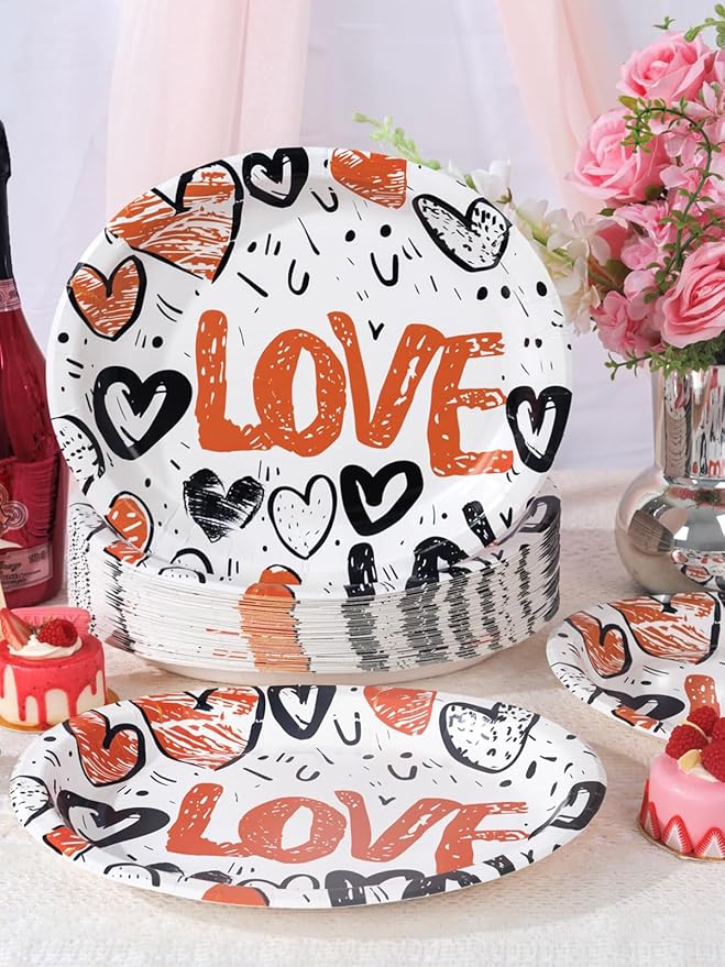WDF 50PCS Heart Paper Plates -10"x12" Heart Plates Disposable -Love Design Valentines Plates for Weddings/Anniversary Birthday Party Thanksgiving