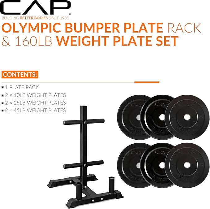 CAP Barbell 2-Inch Olympic Bumper Plate Weight Set with 6 Post Rack | 100-370 lbs | Multiple Options
