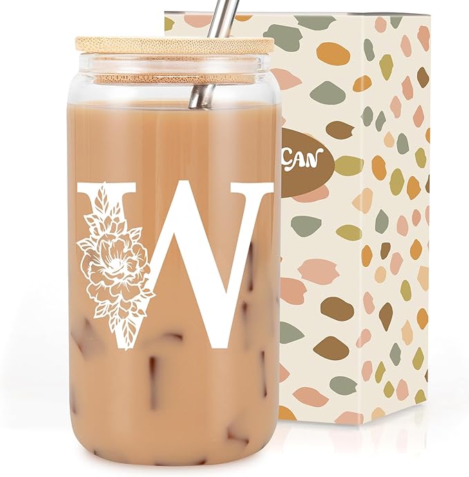 Coolife Initial Glass Cup, Monogrammed Gifts for Women, 16 oz Glass Cups w/Lids Straws, Iced Coffee Smoothie Beer Tumbler w/Straw Lid - Personalized Christmas, Birthday Gifts for Her Mom Friend Woman