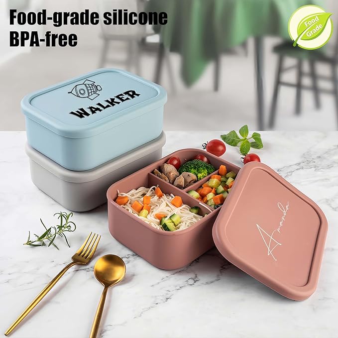 Custom Silicone Bento Box | Personalized Lunch Box with Engraved Name/Logo | Lunch Containers for Work Travel Outdoor with 3 Compartment