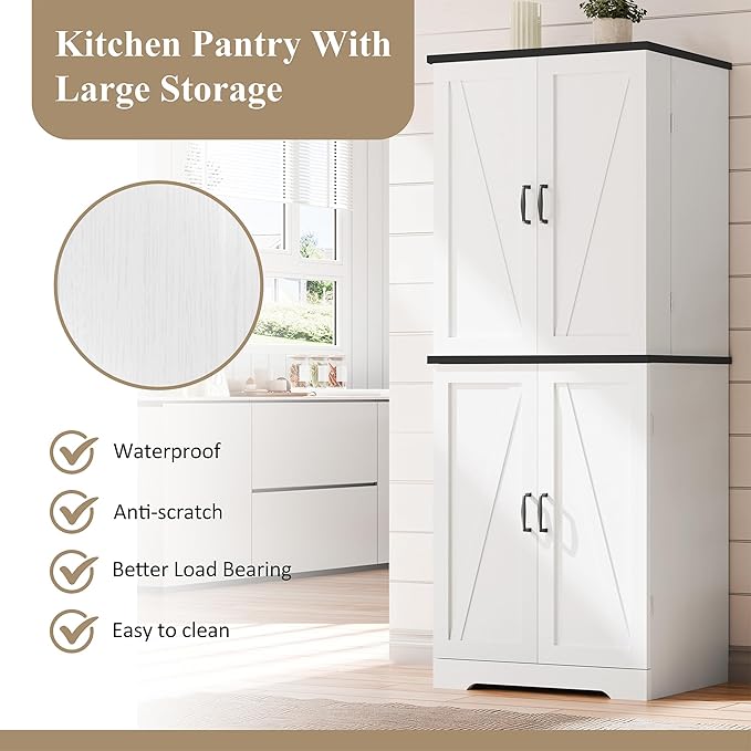 Vongrasig Kitchen Pantry Storage Cabinet with Barn Doors, Drawer and Adjustable Shelves, 6-Tier Tall Rustic Wood Cupboard Locker for Kitchen, Dining Room, Living Room, Bathroom, (White)