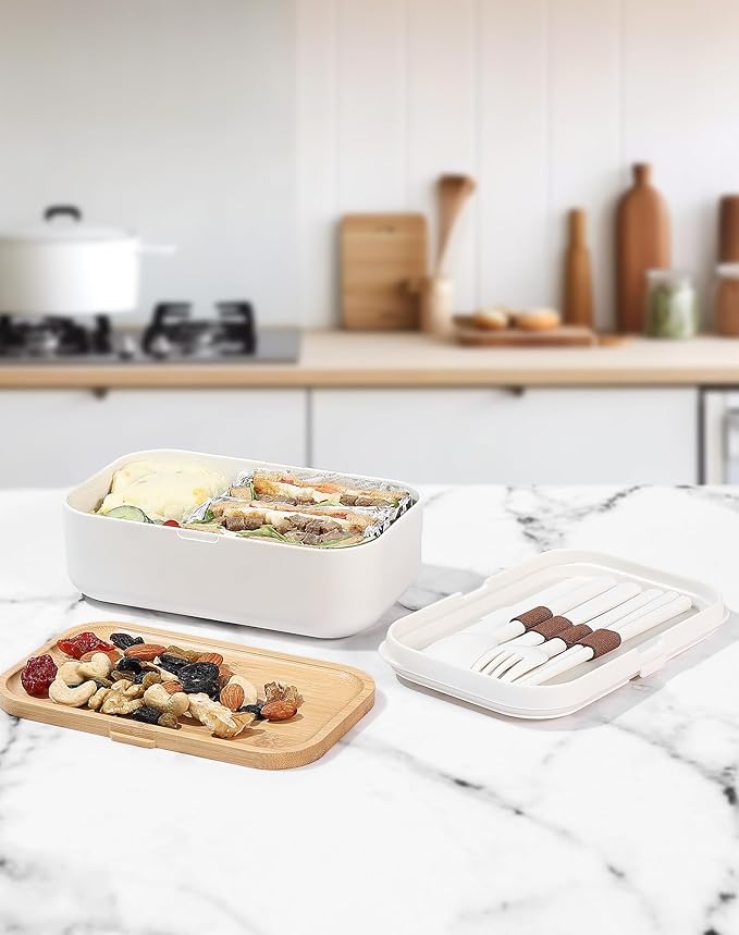 Bento Box Adult Lunch Box Containers - Japanese, Natural Bamboo Lid, Microwave safe, Dishwasher Safe, Small, Bpa free, Women, Cutlery & Chopsticks