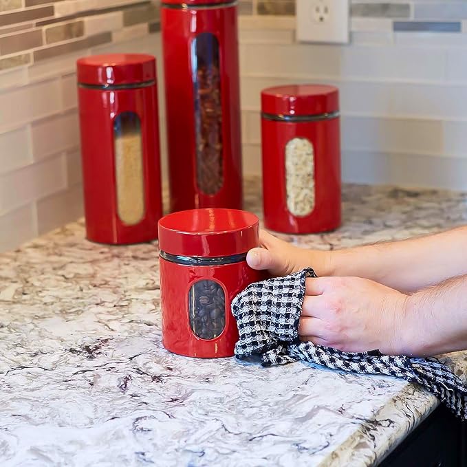 Quality Modern Red Stainless Steel Canister Set for Kitchen Counter with Glass Window & Airtight Lid - Food Storage Containers with Lids Airtight - Pantry Storage and Organization Set
