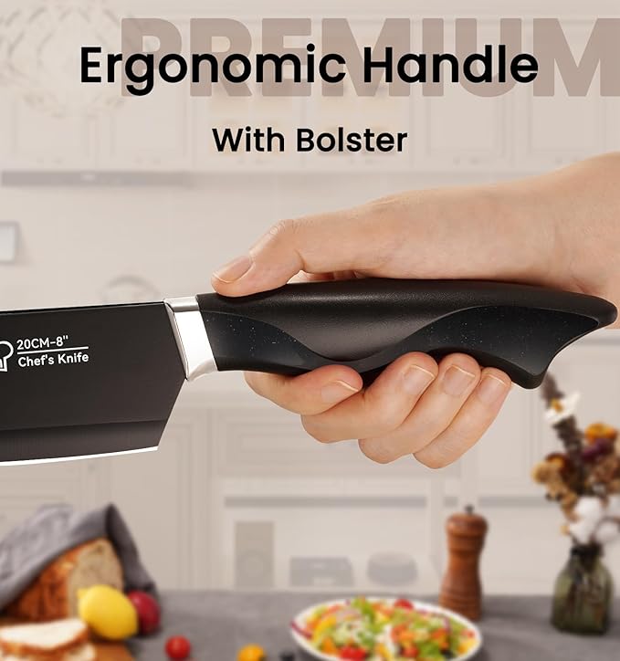 Knife Set, 15 Pieces Kitchen Knife Set with Built in Sharpener, German High Carbon Stainless Steel Knife Block Set, Dishwasher Safe, Black