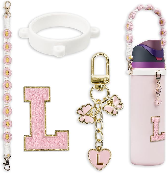 Cute Letter Charm Set Compatible with Owala Water Bottle 24 oz, 32 oz, 40 oz, Owala Kids, Owala Coffee Tumbler, Owala FreeSip – Includes Handle Strap, for Owala Accessories & Stanley Cup Accessories