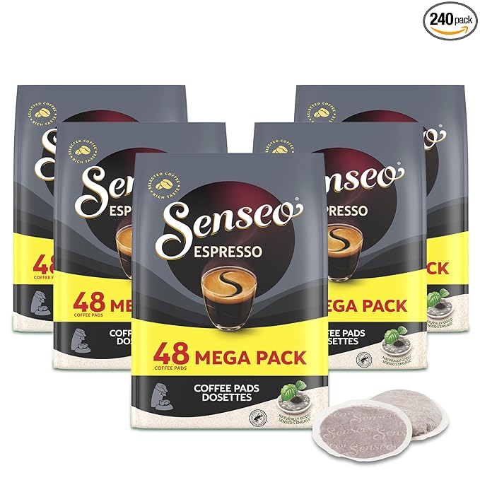 Senseo Espresso Dark Roast Coffee Pods – 240 Count (5 Packs) – Strong & Concentrated Flavor with Rich Crema – Single-Serve Coffee Pads Compatible with Senseo & PeleCom Machines – Imported from the Netherlands