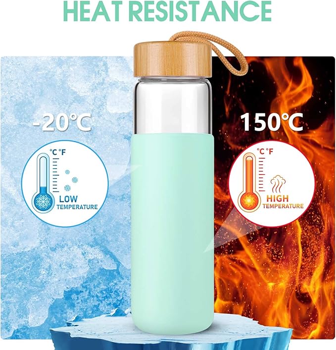 25 Oz Borosilicate Glass Water Bottles with Silicone Sleeve BPA Free, Dishwasher Safe - Reusable Clear Glass Drinking with Leak Proof Bamboo Lid | Perfect Gym Water Bottles for Men & Women
