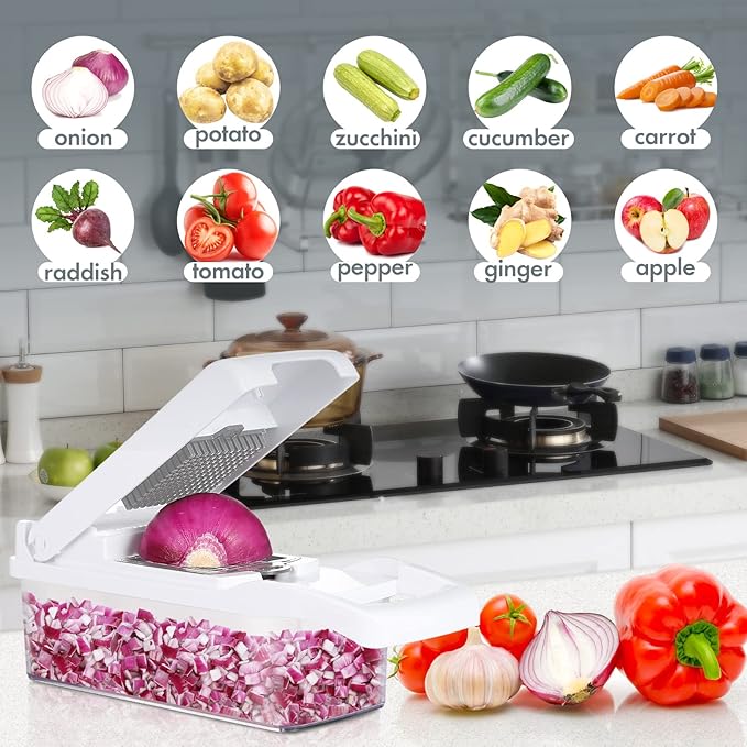 Ourokhome Vegetable Chopper Onion Cutter, 12 in 1 Professional Mandoline Slicer for Kitchen, Multifunctional Food Chopper for Potato, Tomato, Veggie with Strainer Basket, 8 Blades, White