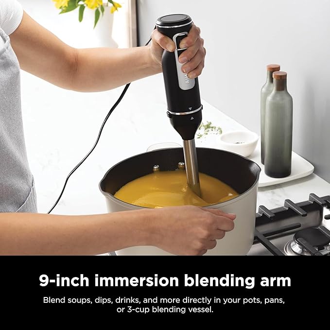 Ninja Hand Mixer, Immersion Blender, Foodi Power Mixer System, 750-Peak-Watt Handheld Emulsion Blender & Electric Hand Mixer Combo With Whisk, Beaters & 3-Cup Blending Vessel,120 volts, Black CI101