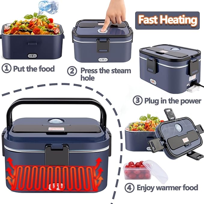 Nifogo Electric Lunch Box for Adults 80W 1.8L, Faster Heated Lunch Box for Men, Portable Electric Lunch Boxes Food Heater 12V/24V/110V Heating LunchBox for Car/Truck/Work with Bag(Blue)