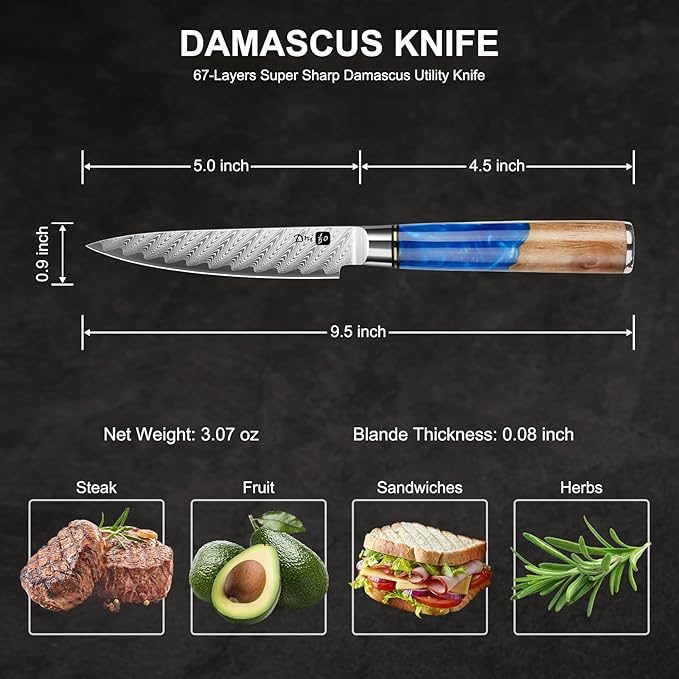 Kitchen Utility Knife 5 Inch, Japanese VG10 Steel Damascus Paring knife, Small Kitchen chef Knife with Gift Box and Resin Wood Handle, Ideal Birthday Gift for Men and Women
