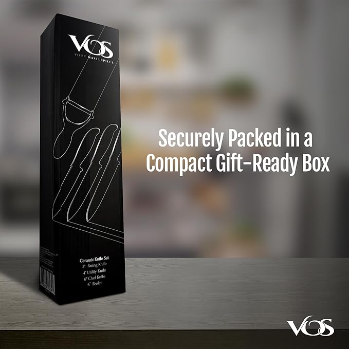 Vos Ceramic Knife Set with Peeler, Ceramic Knives Set For Kitchen, Ultra Sharp Kitchen Knife Set with Covers, 3" 4" 6" Paring, Utility & Chef Knife, Lightweight, Dishwasher safe (Black Handle)