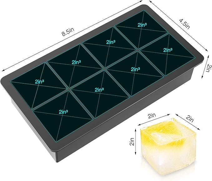 Ice Cube Trays with Lids Large Size Silicone Square Ice Cube Molds for making 8 Giant Ice Cubes for Whiskey and Cocktails, Keep Drinks Chilled, Reusable and BPA Free 2 Pack