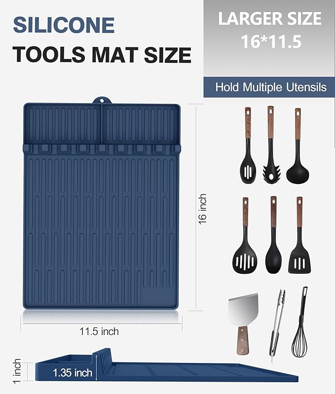 Silicone Griddle Tools Mat for Blackstone - Large Silicone Spatula Mat with Drip Pad - Griddle Mats BBQ Grill Accessories - Side Shelf Mats Grill Pad for Blackstone Griddles Accessories (Blue)