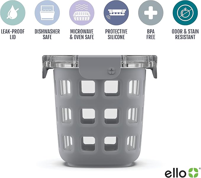 Ello DuraGlass Rounds Glass Food Storage Containers - Meal Prep Bowls with Silicone Sleeve and Airtight Lids, 3 Cup, Gray