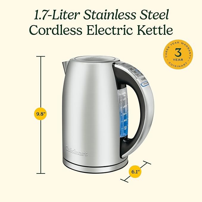 Cuisinart PerfecTemp 1.7-Liter Electric Kettle, Cordless Electric Tea Kettle, 1500W for Fast Heat-Up, 6 Preset Temperatures, 30-Minute Keep Warm, Stay Cool Nonslip Handle, CPK-17P1