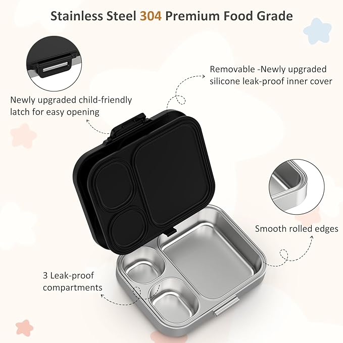 Stainless Steel Bento Box Kids, Leak Proof Metal Bento Lunch Box,3 Compartments 304 Stainless Steel Bento Lunch Containers for School and Office, BPA-Free(Black)