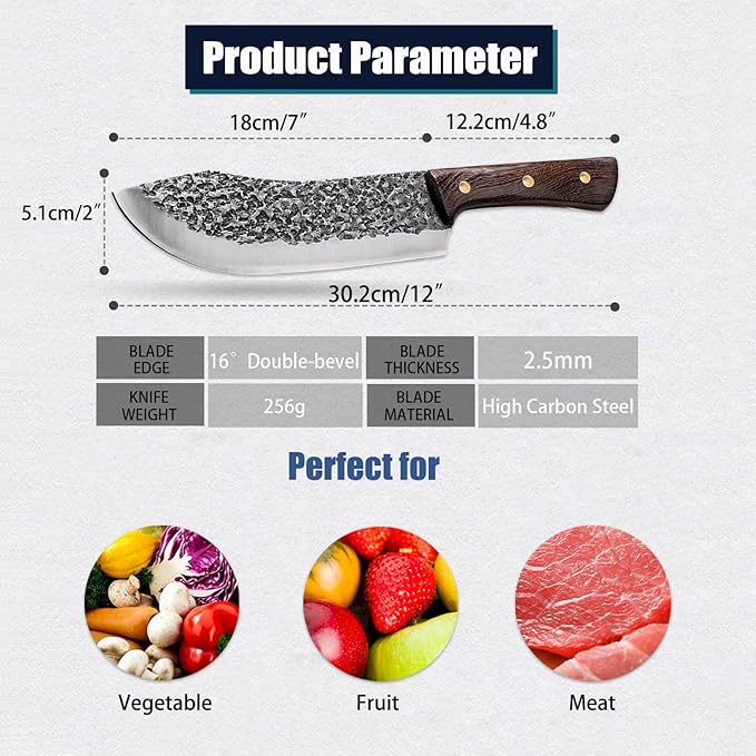 ROCOCO Butcher Knife for Meat Cutting Hand Forged 7" Sharp Full Tang Kitchen Meat Cleaver Cooking Knives for Home Outdoor Camping BBQ Christmas Father's Day Gift Idea Men