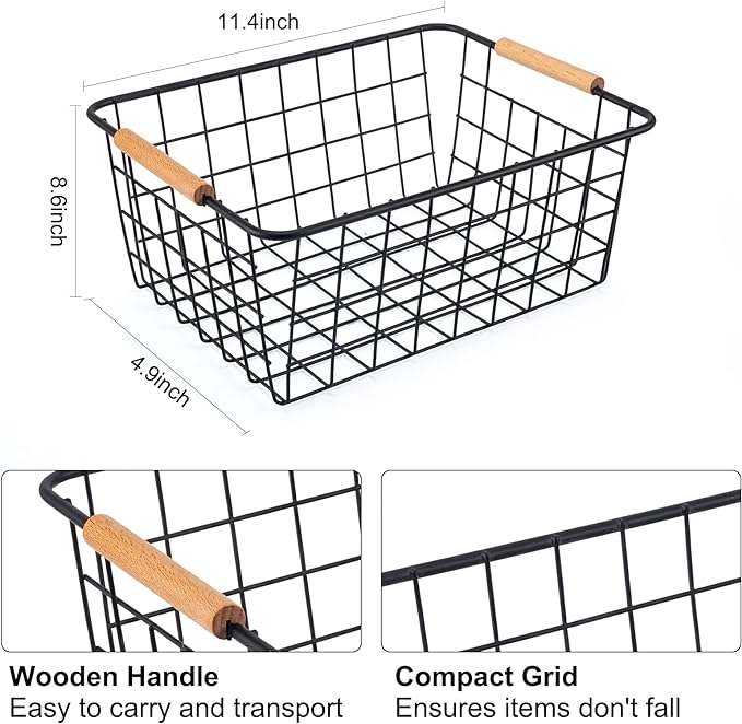 Black 2PCS Wire Storage Baskets with Wooden Handles - Organizing Pantry and Kitchen Cabinets - Metal Wire Food Storage Basket