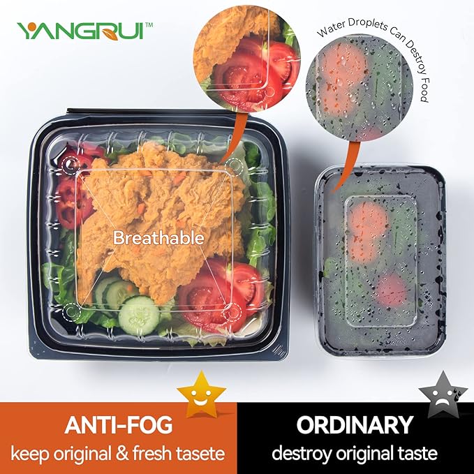 YANGRUI Plastic Containers 9.5" 38 oz 45 Pack - High Clarity Anti Fog Shrink Wrap Commercial PP BPA Free Meal Prep Box | Freezer & Microwave Safe | Reusable & Disposable Restaurant Takeout Container