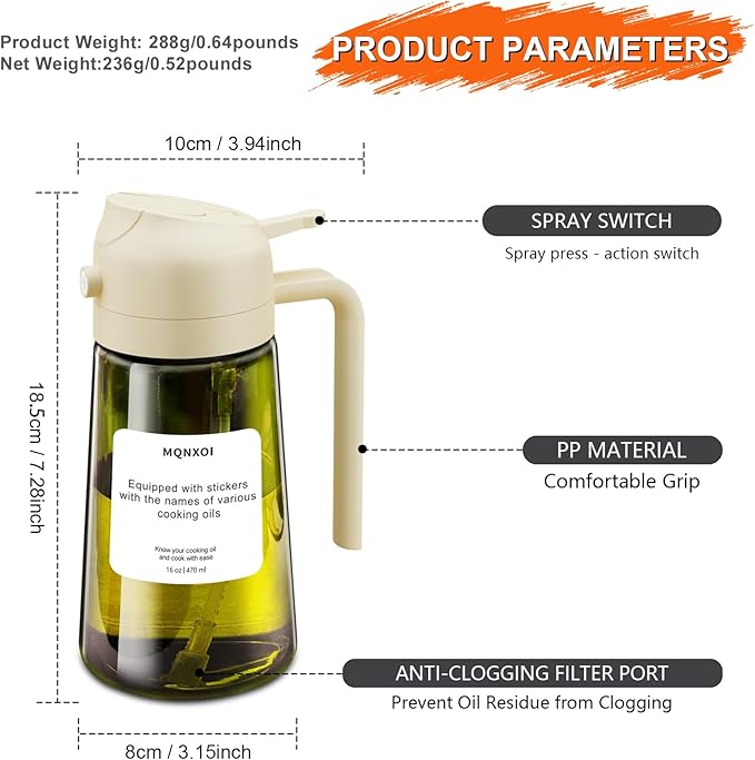 2 in 1 Glass Oil Sprayer & Dispenser,16oz/470ml Olive Cooking, Air Fryer, and Salad, for Kitchen Gadgets and Air Fryer Accessories, w/Stickers (White + Dark Green Bottle1)