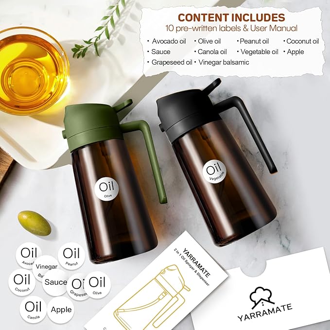 YARRAMATE 2Pcs 16oz/470ml Dark Brown Oil Sprayer for Cooking with Stickers, Food-grade Premium 2 in 1 Olive Oil Dispenser Bottle for Kitchen Gadgets, Air Fryer, Salad, Frying, BBQ (Black&OliveGreen)